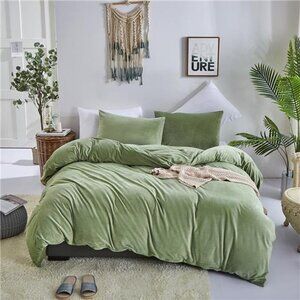 Plush Green Duvet Cover Set Twin Size Sage Green Velvet Bedding Cover Soft